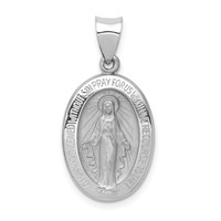 14K White Gold Polished and Satin Hollow Miraculous Medal Oval Pendant view 1