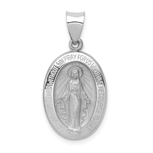 14K White Gold Polished and Satin Hollow Miraculous Medal Oval Pendant