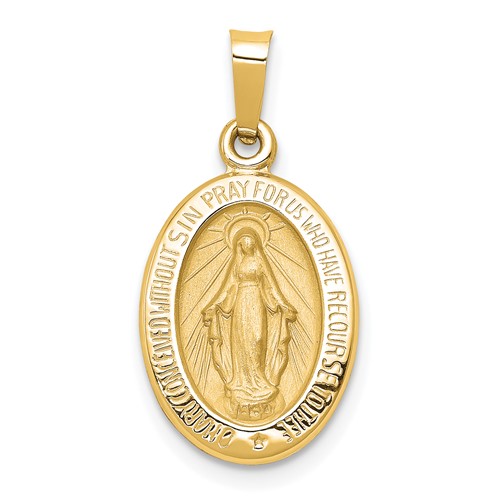 14k Polished and Satin Hollow Miraculous Medal Oval Pendant