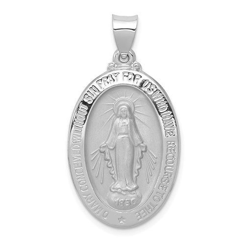14K White Gold Polished and Satin Hollow Miraculous Medal Oval Pendant