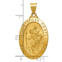 14K Yellow Gold Polished and Satin Hollow St Christopher Medal Oval Pendant view 3