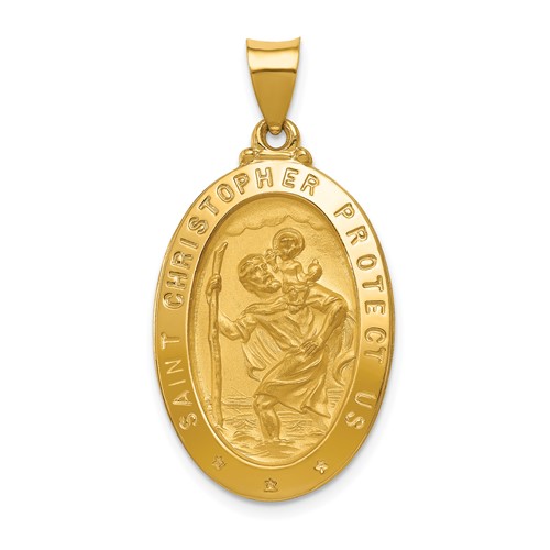 14K Yellow Gold Polished and Satin Hollow St Christopher Medal Oval Pendant