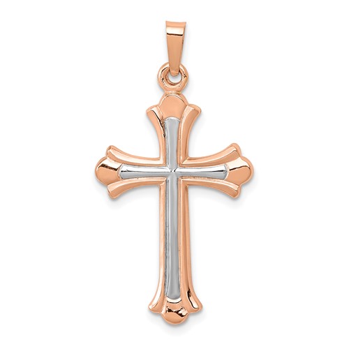 14K Rose Gold and White Rhodium Fleur De Lis Cross Pendant