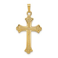 14K Yellow Gold Textured and Polished Fleur De Lis Cross Pendant view 1