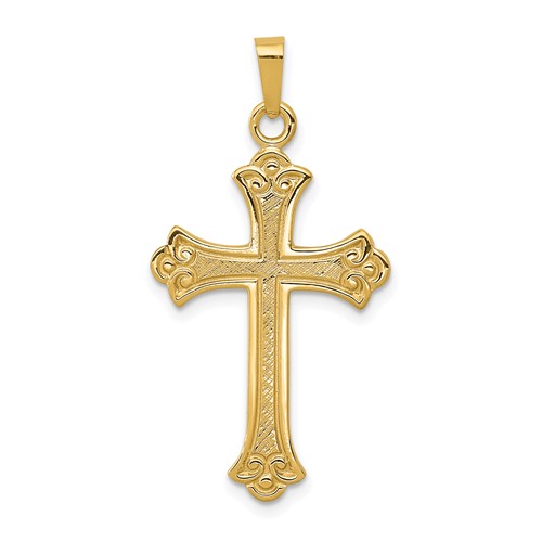 14K Yellow Gold Textured and Polished Fleur De Lis Cross Pendant