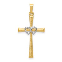 14K Two-tone Textured and Polished Latin Cross Pendant with Hearts view 1