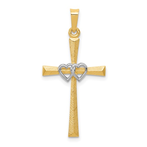 14K Two-tone Textured and Polished Latin Cross Pendant with Hearts