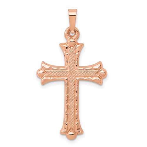 14K Rose Gold Brushed and Polished Fleur De Lis Cross Pendant