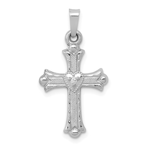 14K White Gold Diamond Fleur De Lis Cross Pendant with Heart