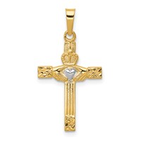 14K and White Rhodium Polished Claddagh Cross Pendant view 1