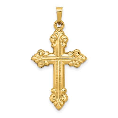 14K Yellow Gold Polished Fleur De Lis Cross Pendant