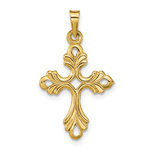 14K Yellow Gold Polished Fleur De Lis Cross Pendant