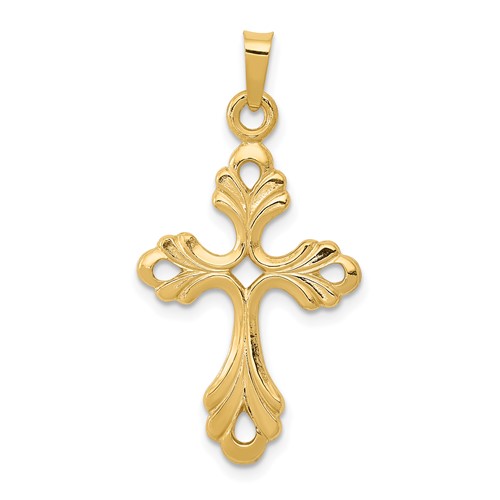 14K Yellow Gold Polished Fleur De Lis Cross Pendant