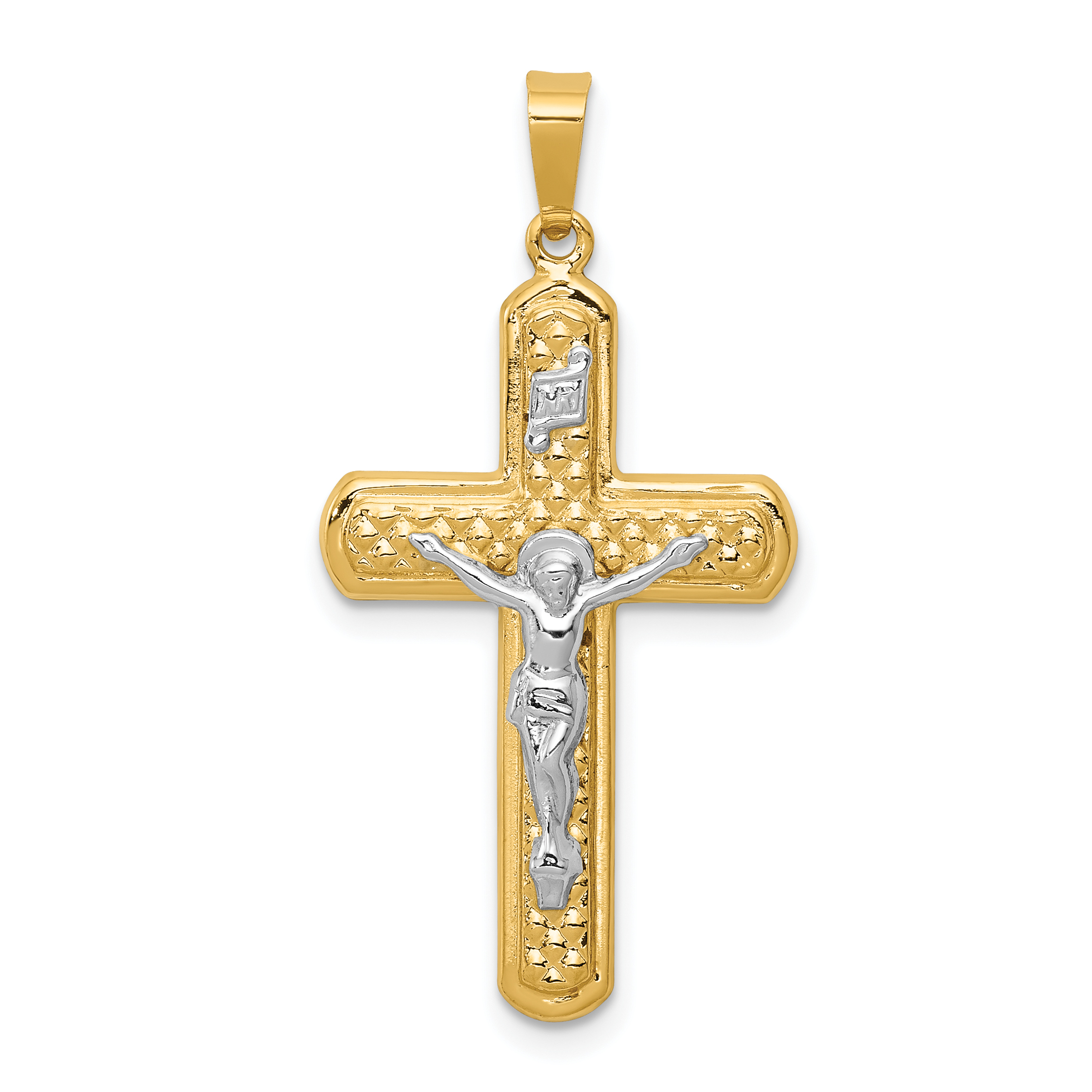 14k Two-tone Polished and Textured INRI Crucifix Pendant | J.C.'s
