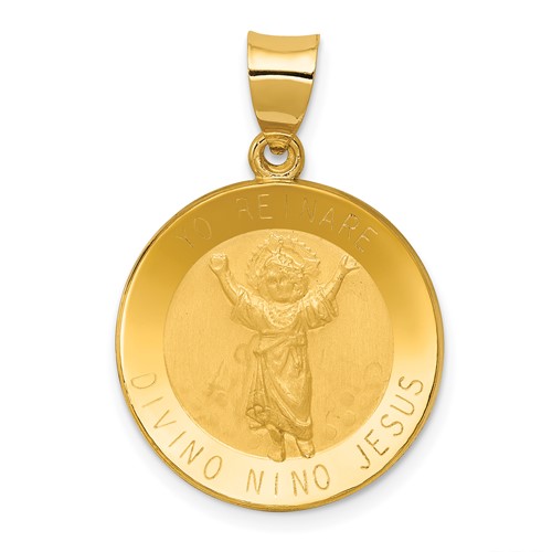 14K Yellow Gold Polished Satin Hollow Spanish Divino Nino Round Medal Pendant