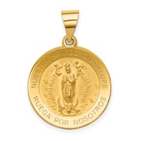 14K Yellow Gold Polished and Satin Hollow Spanish Our Lady of Guadalupe Round Medal Pendant view 1