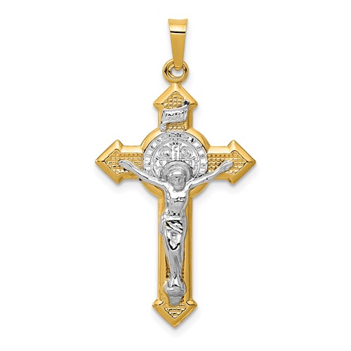 14K and White Rhodium St. Benedict Hollow Medal Inri Crucifix Pendant