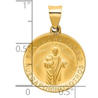 14K Yellow Gold Polished and Satin Hollow Spanish San Judas Tadeo Medal Round Pendant view 4