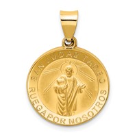14K Yellow Gold Polished and Satin Hollow Spanish San Judas Tadeo Medal Round Pendant view 1
