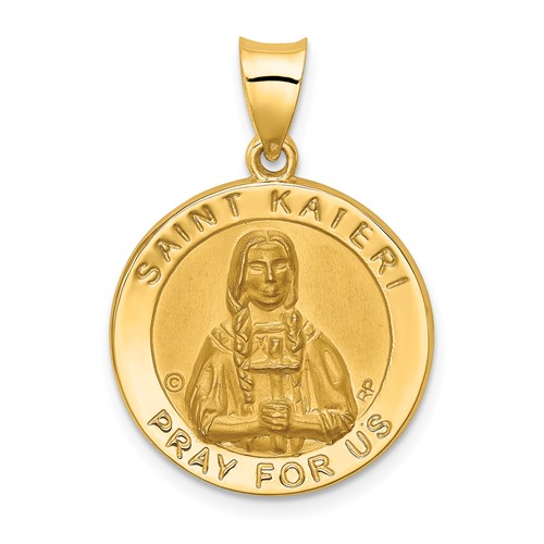 14K Yellow Gold Polished and Satin Hollow St. Kateri Medal Round Pendant