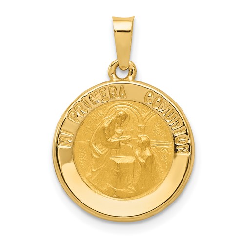 14K Yellow Gold Polished and Satin Hollow Spanish Mi Primera Comunion Medal Round Pendant