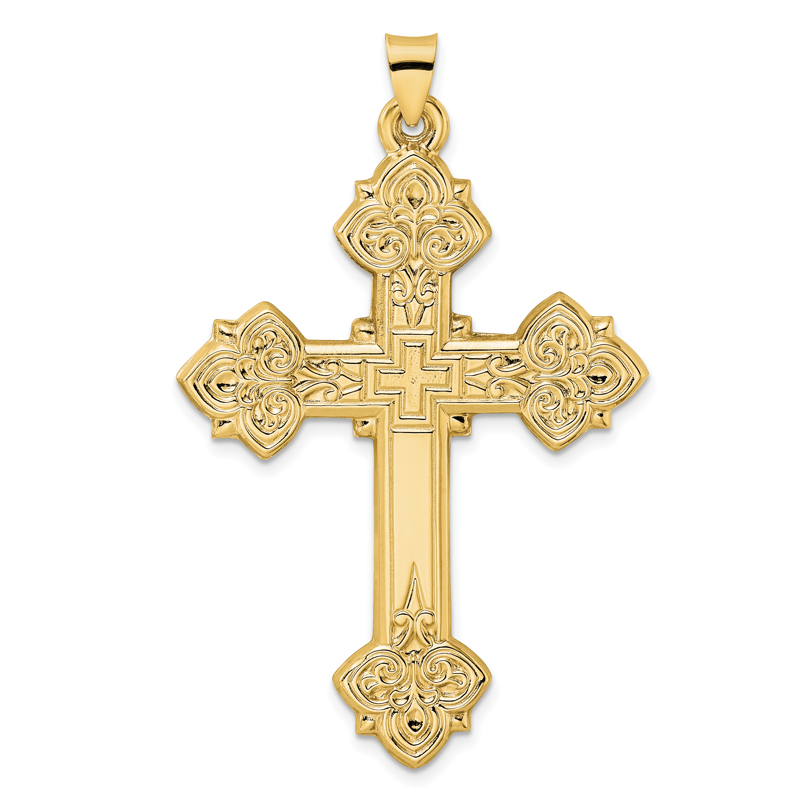 14k Polished Hollow Fancy Fleur de Lis Cross Pendant (XR1930)