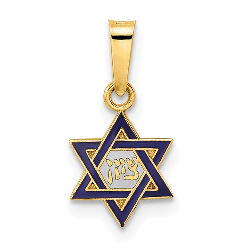 14k Polished Blue and White Enameled Solid Star of David Pendant