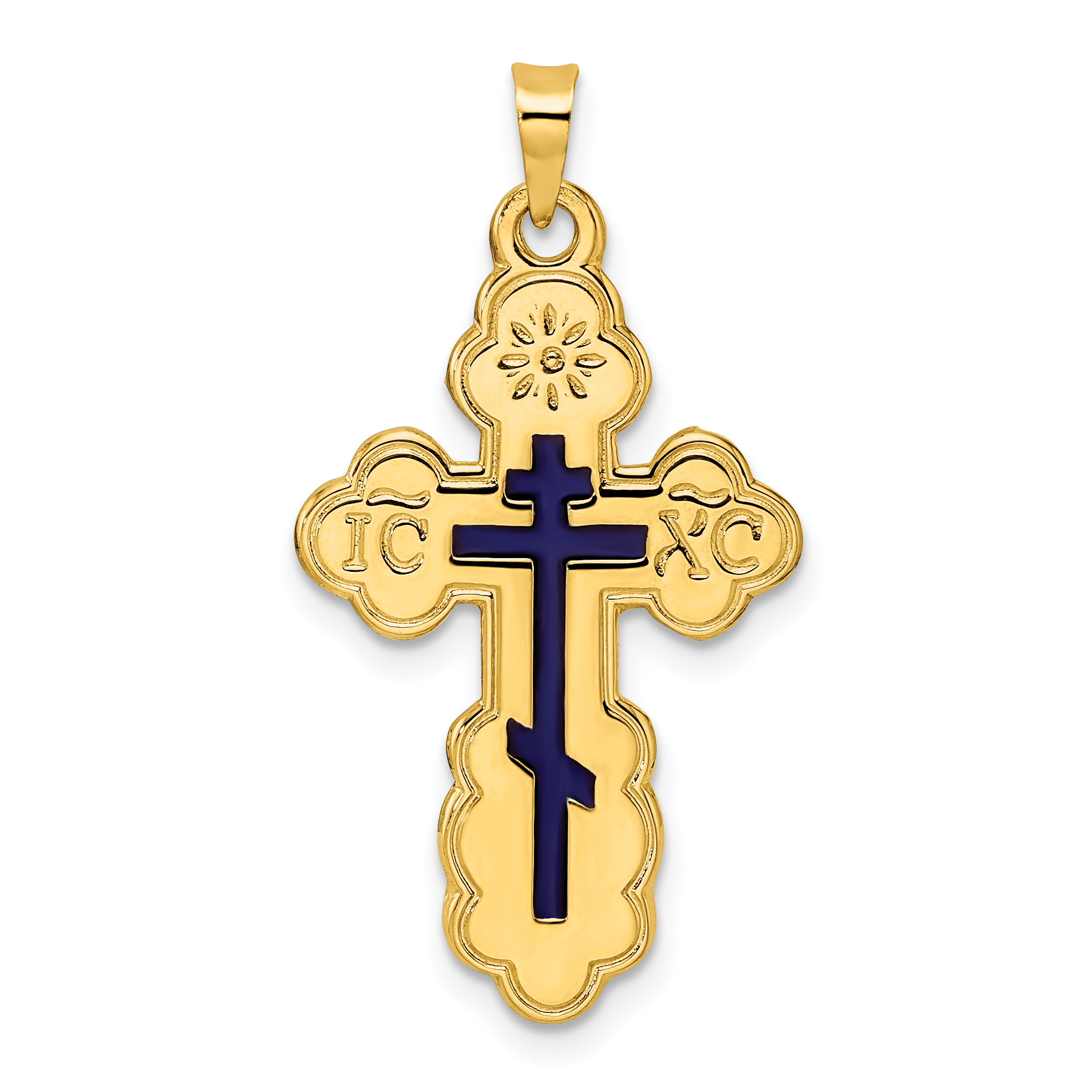 14k Polished Eastern Orthodox Blue Enamel Solid Cross Pendant (XR2016)