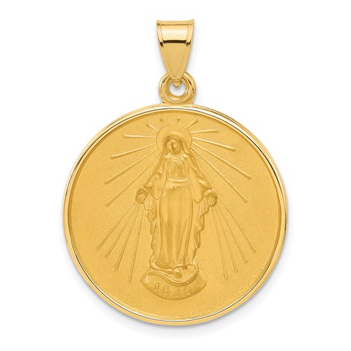 14k Polished and Satin Solid Miraculous Medal Plain Back Round Pendant