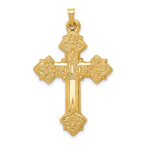 14K Yellow Gold Hollow Fleur De Lis Cross Pendant
