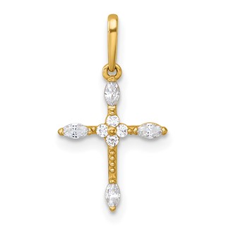 14k Polished and Beaded Fancy CZ Cross Charm / Pendant