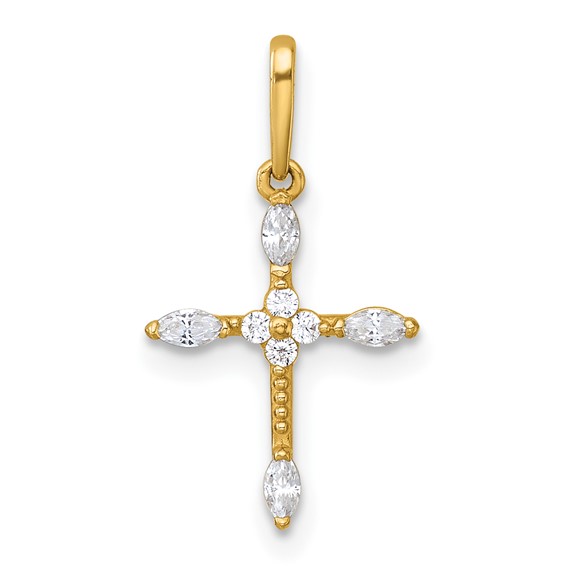 14k Polished and Beaded Fancy CZ Cross Charm / Pendant