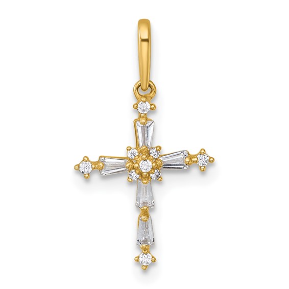 14k Polished Fancy CZ Cross Charm / Pendant