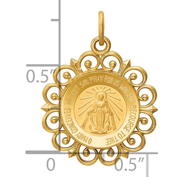 14k Polished and Satin Solid Miraculous Medal with Scallop Frame Round Charm