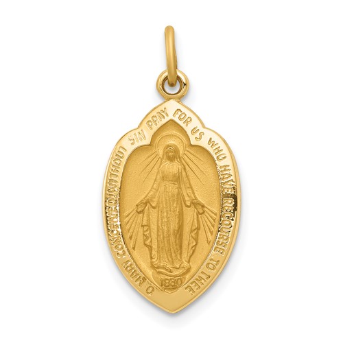 14K Yellow Gold Polished and Satin Solid Miraculous Medal Oval Pendant
