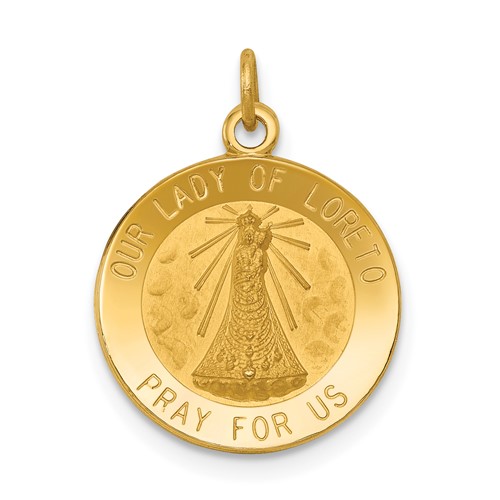 14K Yellow Gold Polished and Satin Solid Our Lady of Loreto Medal Round Charm