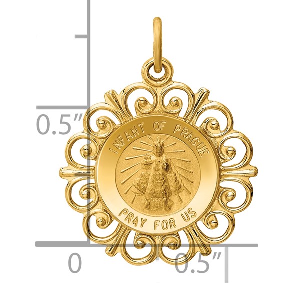 14k Polished and Satin Solid Infant of Prague Medal Scalloped Edge Round Charm