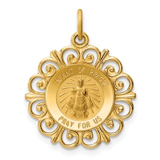 14k Polished and Satin Solid Infant of Prague Medal Scalloped Edge Round Charm