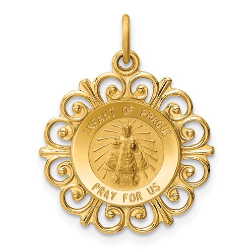 14K Yellow Gold Polished and Satin Solid Infant of Prague Medal Scalloped Edge Round Charm