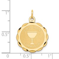 14K Yellow Gold Polished and Satin Solid First Holy Communion Scalloped Edge Round Disc Pendant view 3