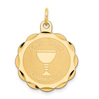 14K Yellow Gold Polished and Satin Solid First Holy Communion Scalloped Edge Round Disc Pendant view 1