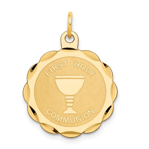 14K Yellow Gold Polished and Satin Solid First Holy Communion Scalloped Edge Round Disc Pendant