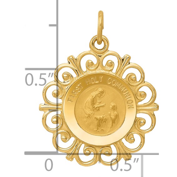 14k Polished and Satin Solid FIRST HOLY COMMUNION Medal Scalloped Edge Charm