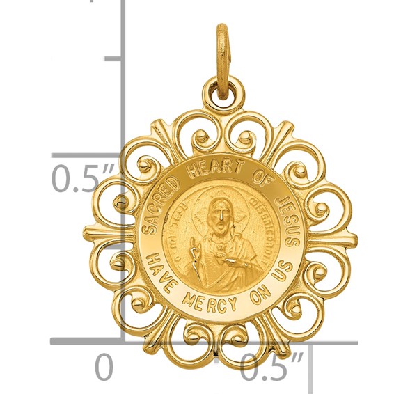14k Polished and Satin Solid Sacred Heart of Jesus Medal Scalloped Edge Round Charm