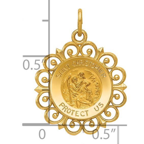 14k Polished and Satin Solid Saint Christopher Medal Scalloped Edge Round Charm