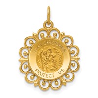 14K Yellow Gold Polished and Satin Solid Saint Christopher Medal Scalloped Edge Round Charm view 1