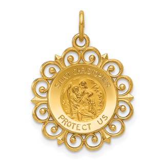 14k Polished and Satin Solid Saint Christopher Medal Scalloped Edge Round Charm