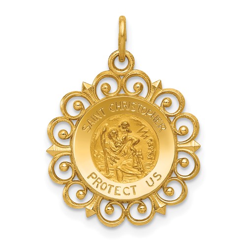 14K Yellow Gold Polished and Satin Solid Saint Christopher Medal Scalloped Edge Round Charm