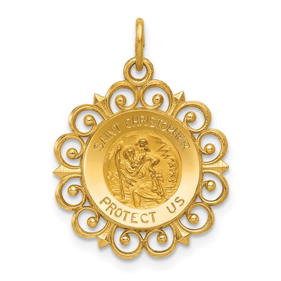 14k Polished and Satin Solid Saint Christopher Medal Scalloped Edge Round Charm