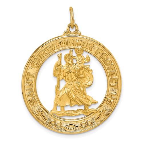 14K Yellow Gold Polished and Satin Solid Large Cut-out St. Christopher Medal Round Pendant